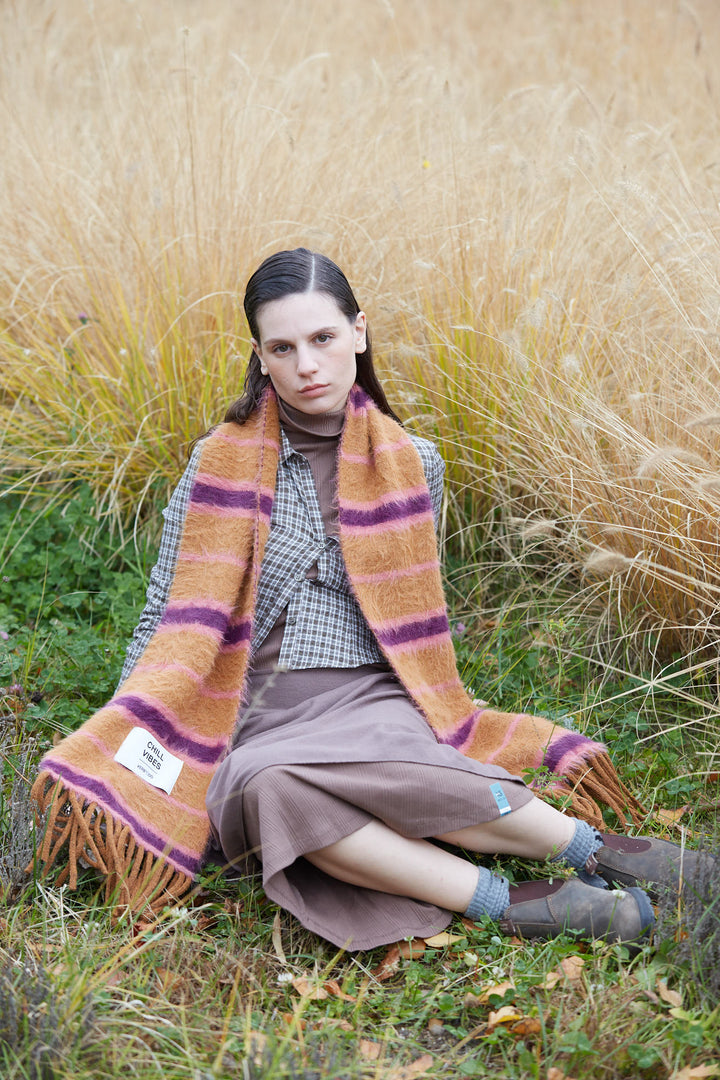Knitted scarf stripes CHILL VIBES hairy yarn camel and purple