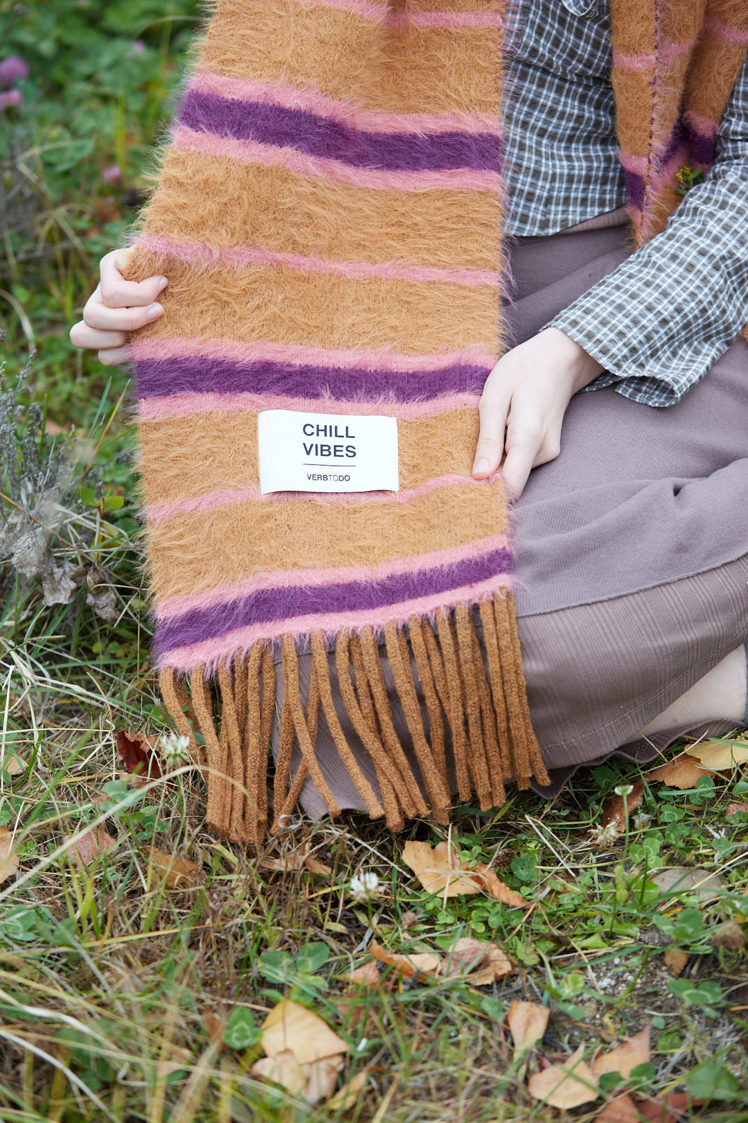 Knitted scarf stripes CHILL VIBES hairy yarn camel and purple