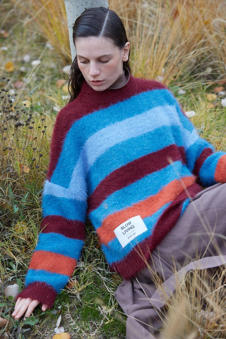 KNITWEAR BOXY STRIPES 'SLOW LIVING' - blue and burgundy mix