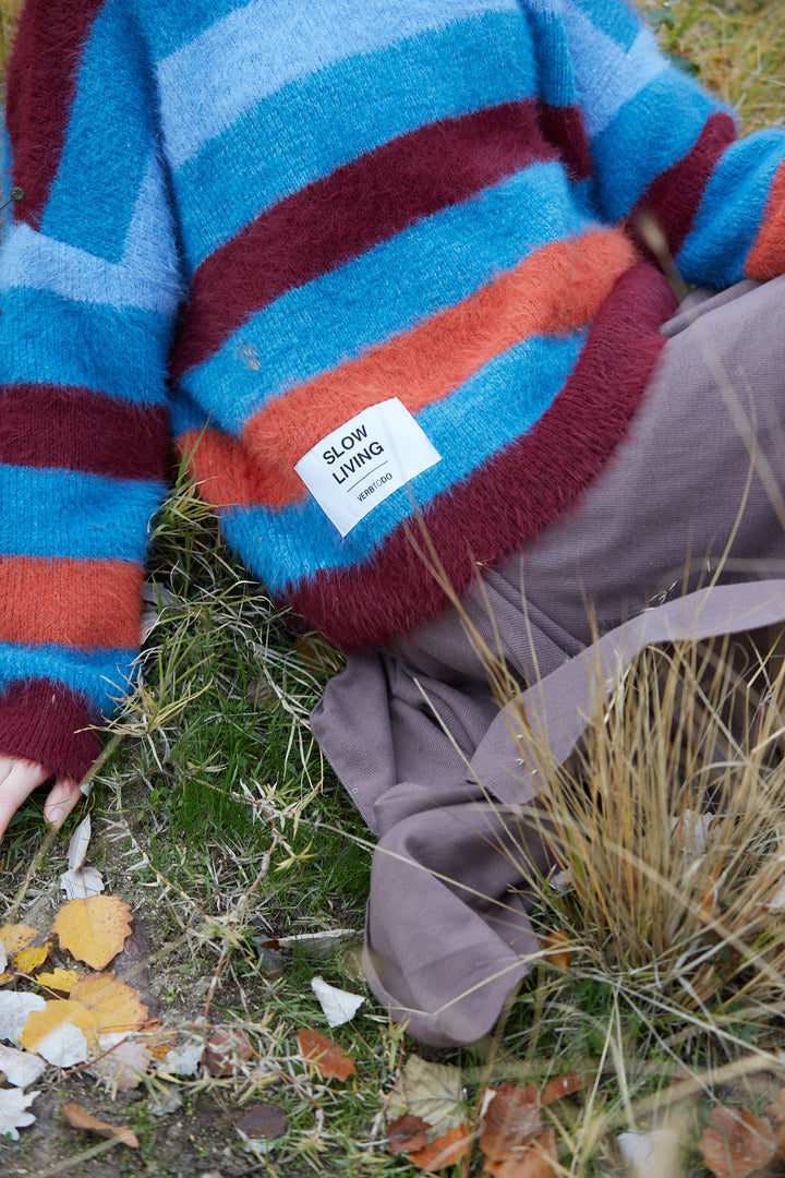 KNITWEAR BOXY STRIPES 'SLOW LIVING' - blue and burgundy mix