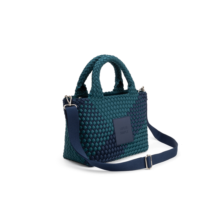 PETIT SAC en néoprène 'LIFE IS SIMPLE' bicolore vert bouteille et bleu marine