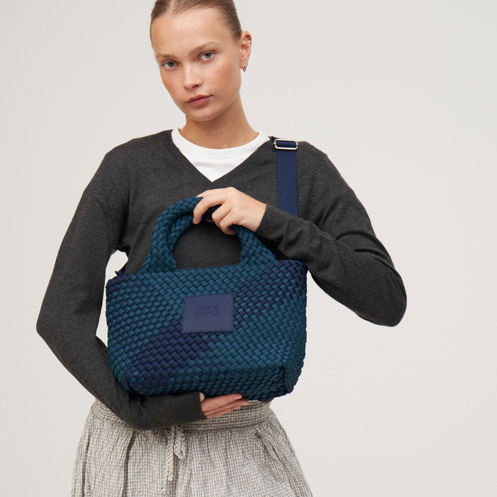 PETIT SAC en néoprène 'LIFE IS SIMPLE' bicolore vert bouteille et bleu marine