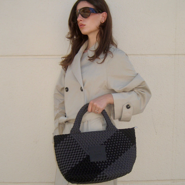 Neoprene MEDIUM BAG 'SLOW LIVING' two-tone gray and black