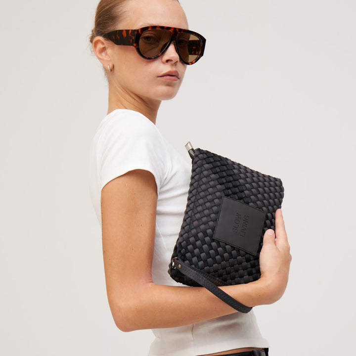 Pochette in neoprene 'SLOW LIVING' bicolore grigio e nero