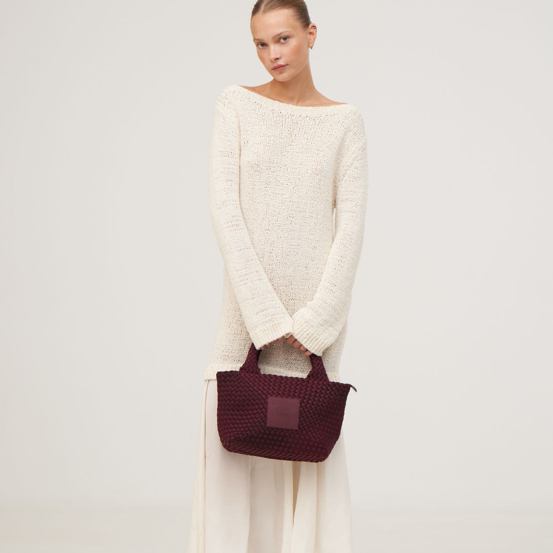 Borsa piccola in neoprene 'START NOW' bicolore bordeaux e vino