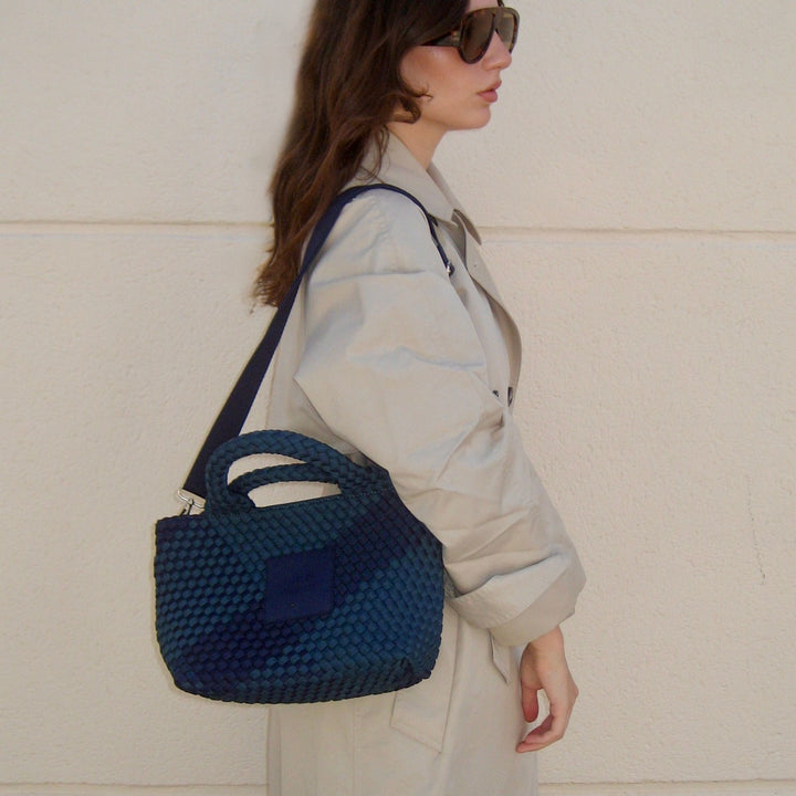 Neoprene SMALL BAG 'LIFE IS SIMPLE' two-tone bottle green and navy blue