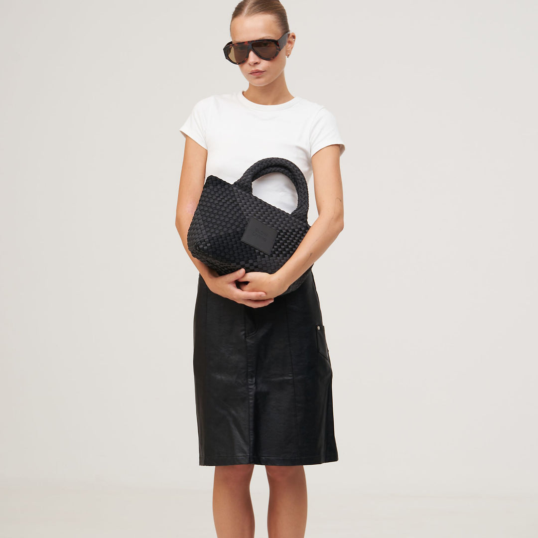 Borsa piccola in neoprene 'SLOW LIVING' bicolore grigio e nero
