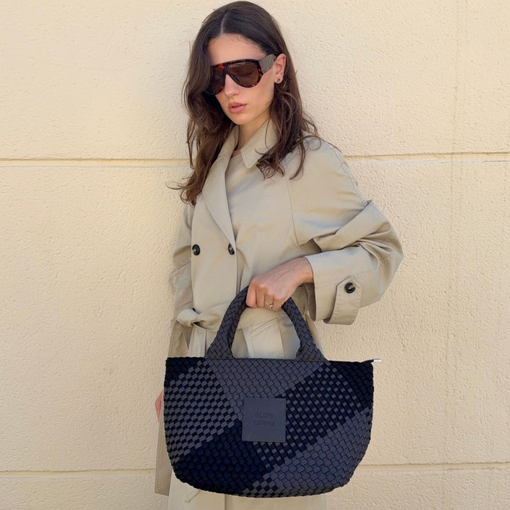Neoprene MEDIUM BAG 'SLOW LIVING' two-tone gray and black
