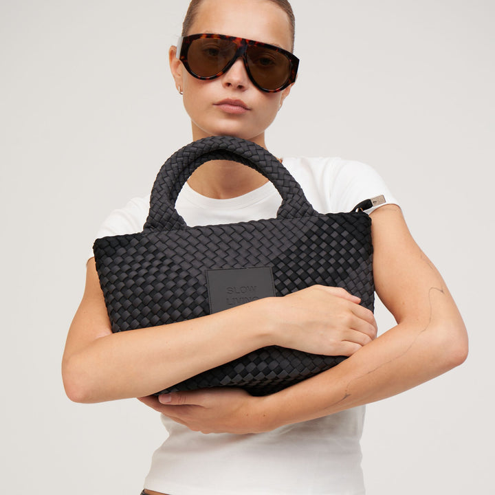 Borsa piccola in neoprene 'SLOW LIVING' bicolore grigio e nero