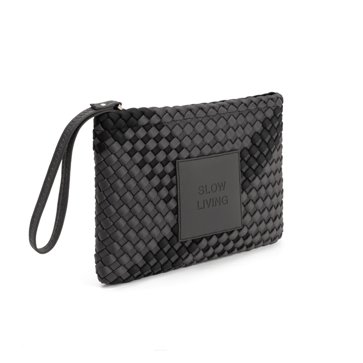Pochette in neoprene 'SLOW LIVING' bicolore grigio e nero