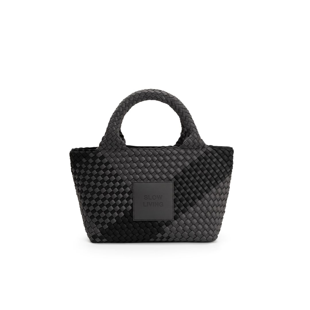 Borsa piccola in neoprene 'SLOW LIVING' bicolore grigio e nero