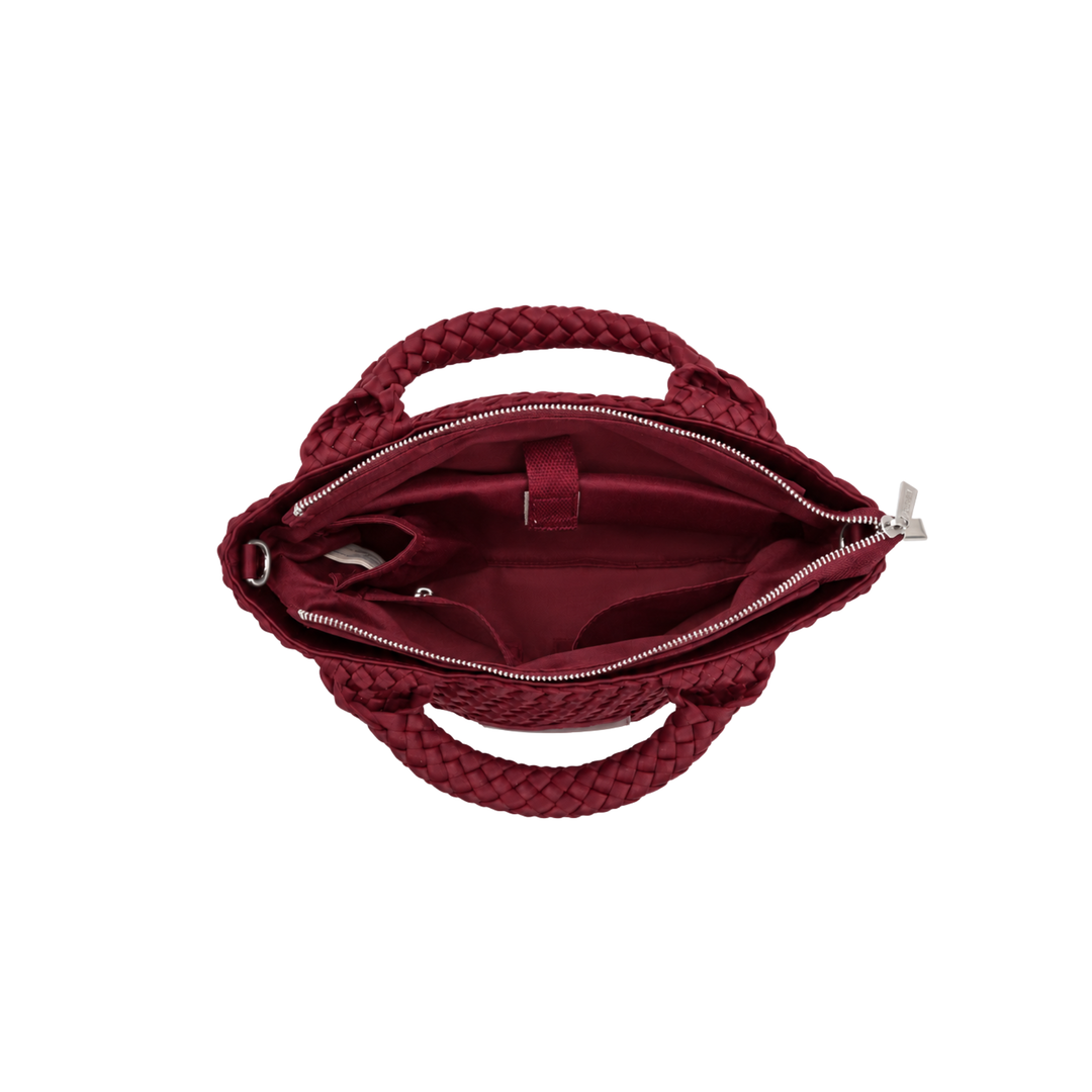 Borsa piccola in neoprene 'START NOW' bicolore bordeaux e vino