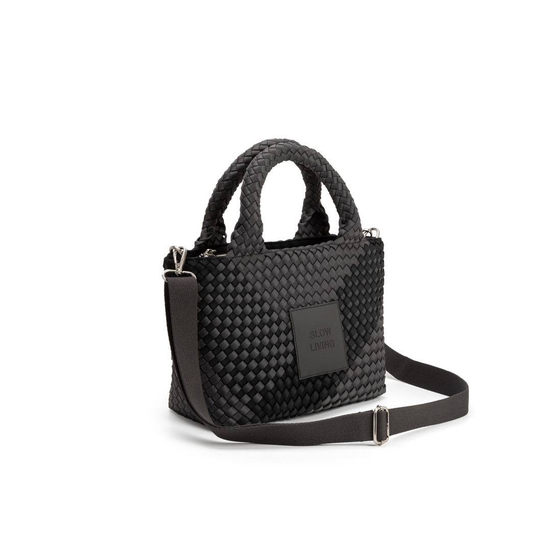 Borsa piccola in neoprene 'SLOW LIVING' bicolore grigio e nero