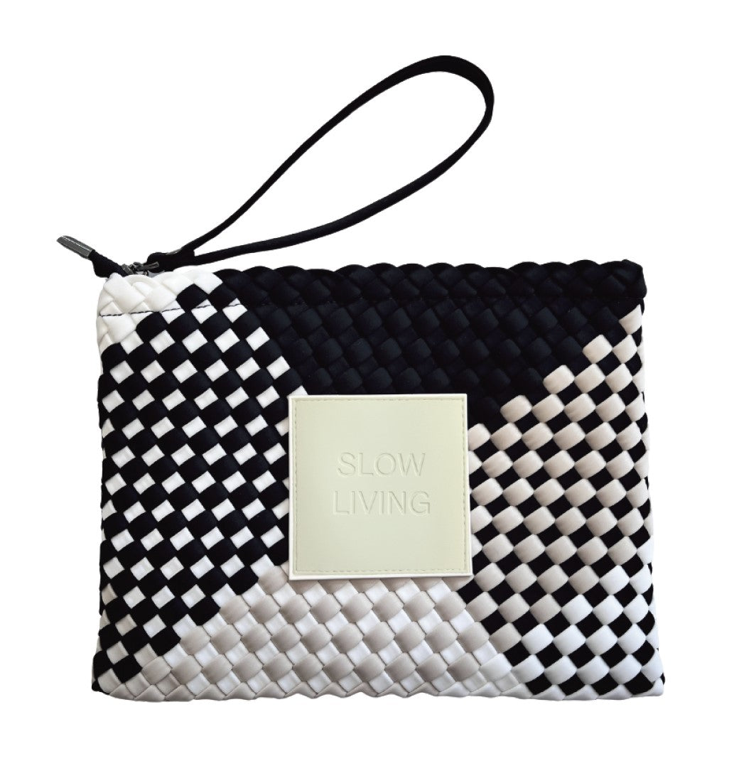 Neoprene CLUTCH BAG 'SLOW LIVING' multicolour beige&white&black