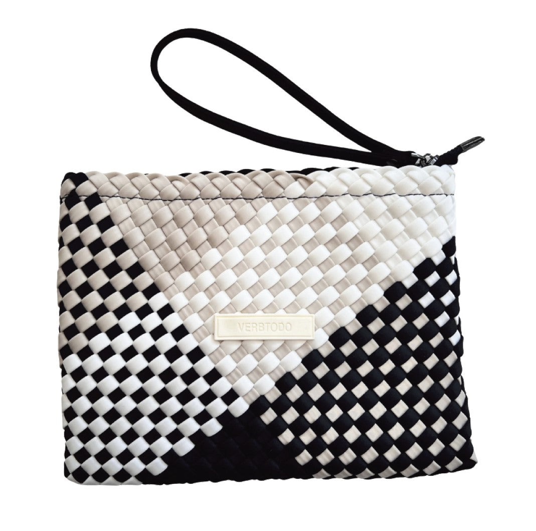 Neoprene CLUTCH BAG 'SLOW LIVING' multicolour beige&white&black