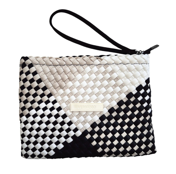 Neoprene CLUTCH BAG 'SLOW LIVING' multicolour beige&white&black