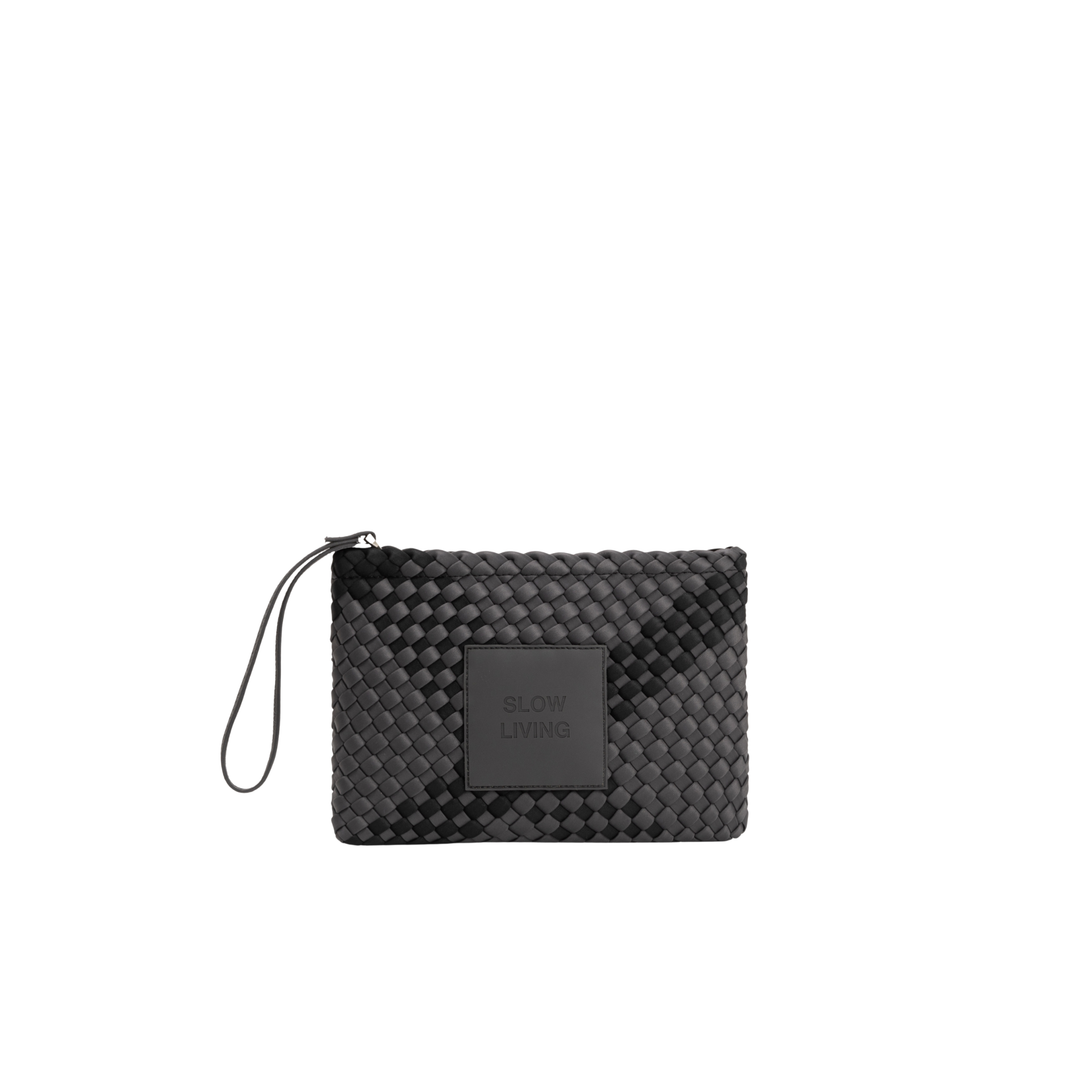 Pochette in neoprene 'SLOW LIVING' bicolore grigio e nero
