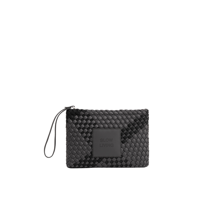 Pochette in neoprene 'SLOW LIVING' bicolore grigio e nero