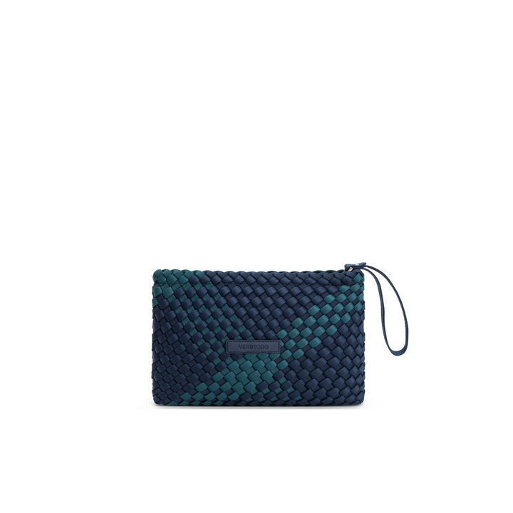 Pochette in neoprene 'LIFE IS SIMPLE' bicolore verde bottiglia e blu navy