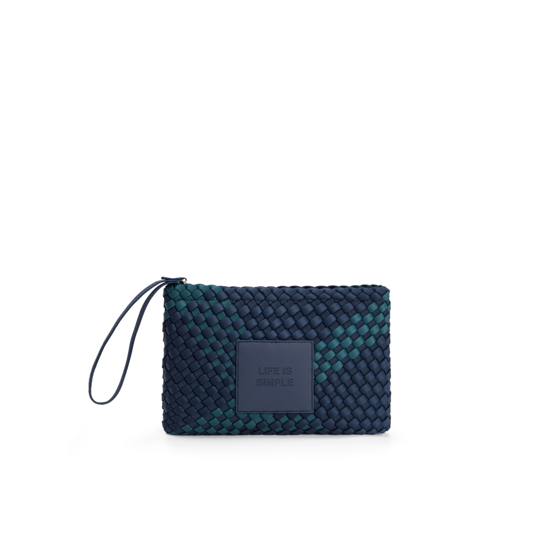Pochette in neoprene 'LIFE IS SIMPLE' bicolore verde bottiglia e blu navy