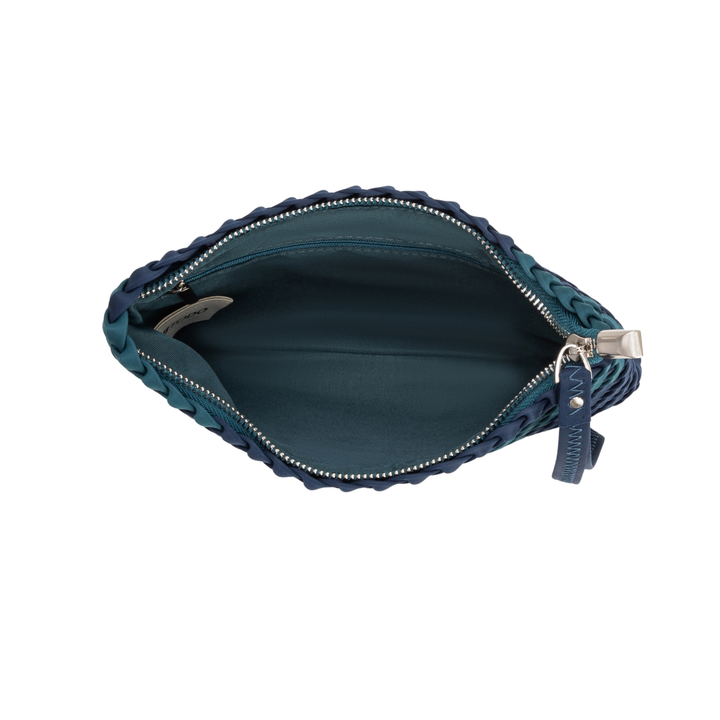 Pochette in neoprene 'LIFE IS SIMPLE' bicolore verde bottiglia e blu navy