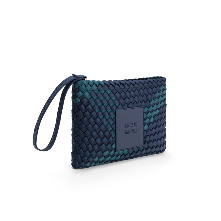 Pochette in neoprene 'LIFE IS SIMPLE' bicolore verde bottiglia e blu navy