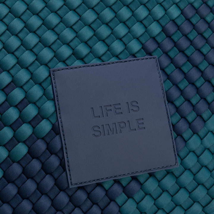 Neoprene SMALL BAG 'LIFE IS SIMPLE' two-tone bottle green and navy blue