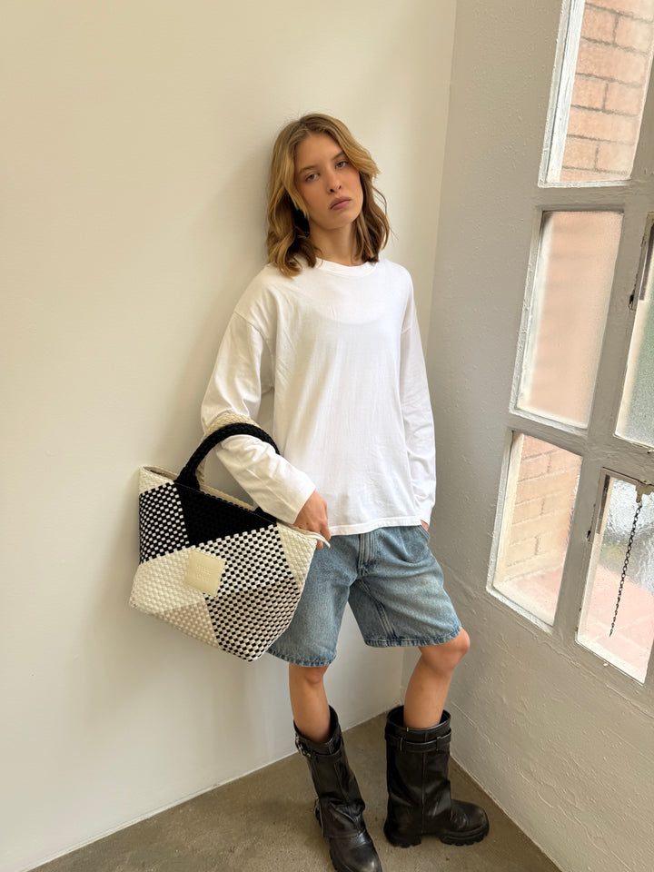 Neoprene LARGE BAG 'FREE LOVE' multicolour black&beige&white