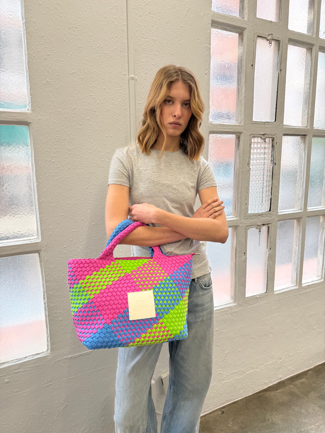 Neoprene MEDIUM BAG 'JUST MOVE' multicolour pink&blue&green