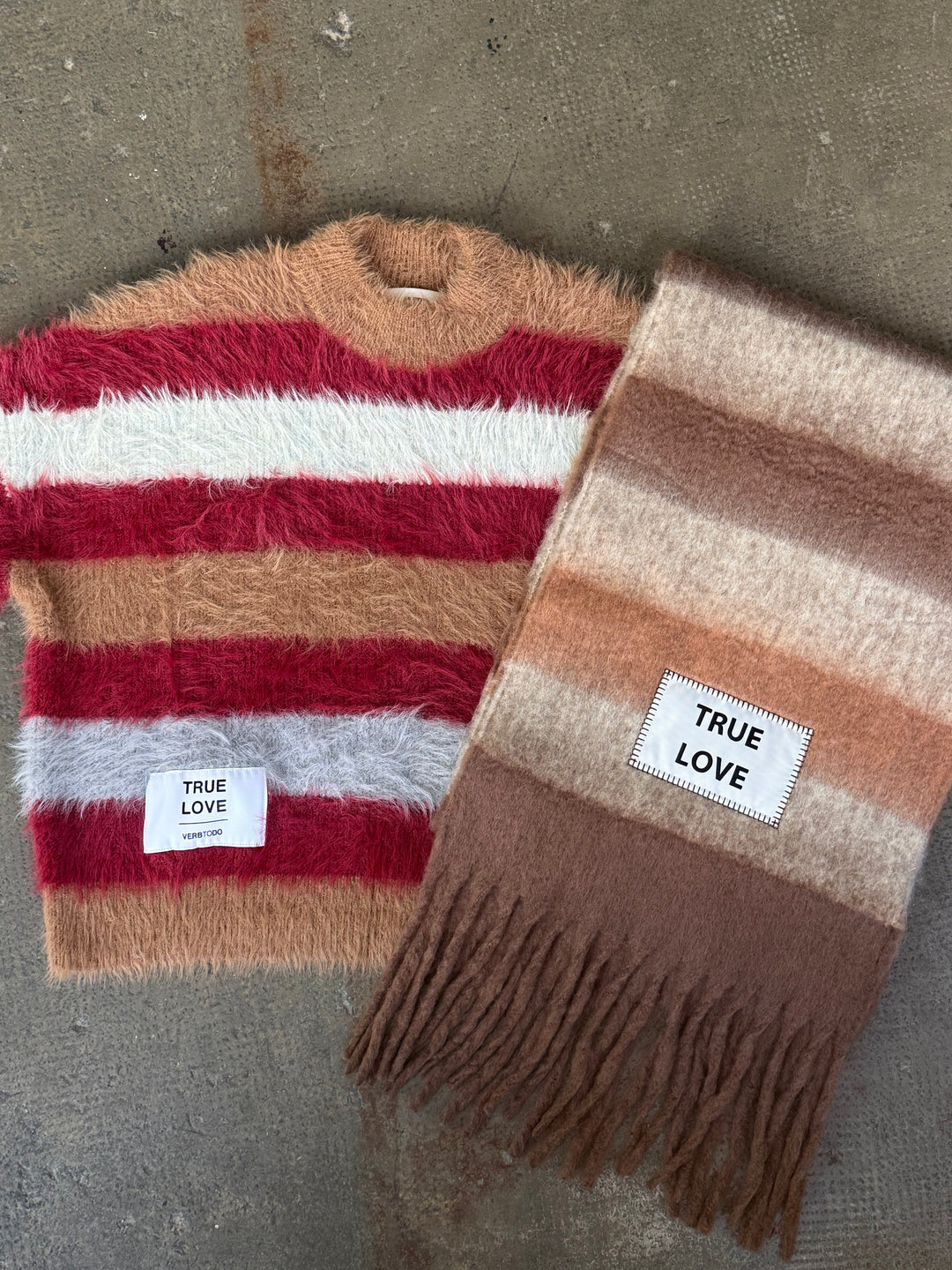 KNITWEAR BOXY STRIPES 'TRUE LOVE' | beige and burdeos mix
