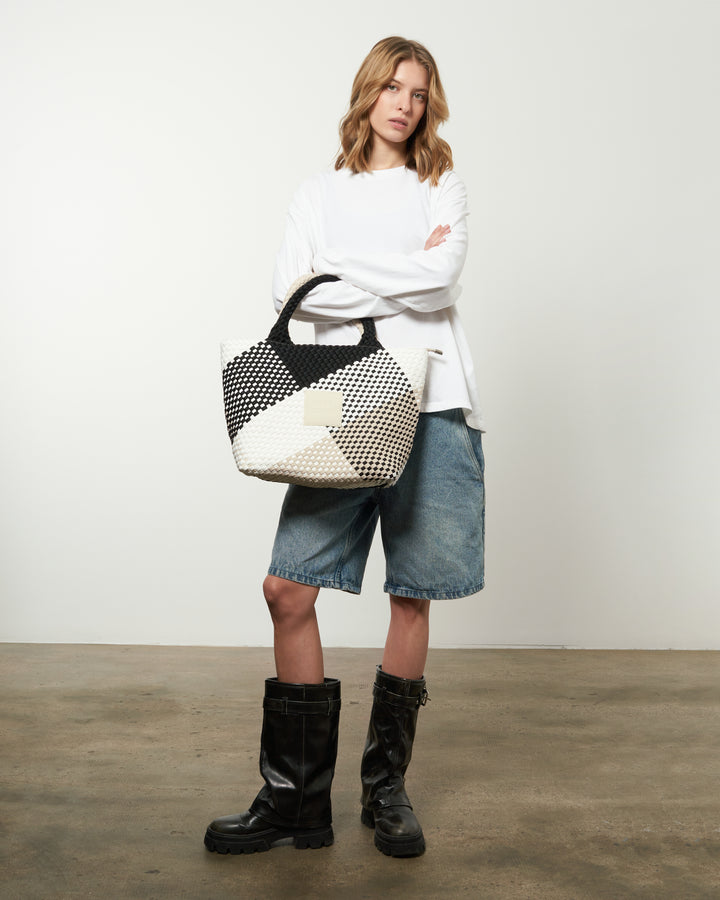 Neoprene LARGE BAG 'FREE LOVE' multicolour black&beige&white