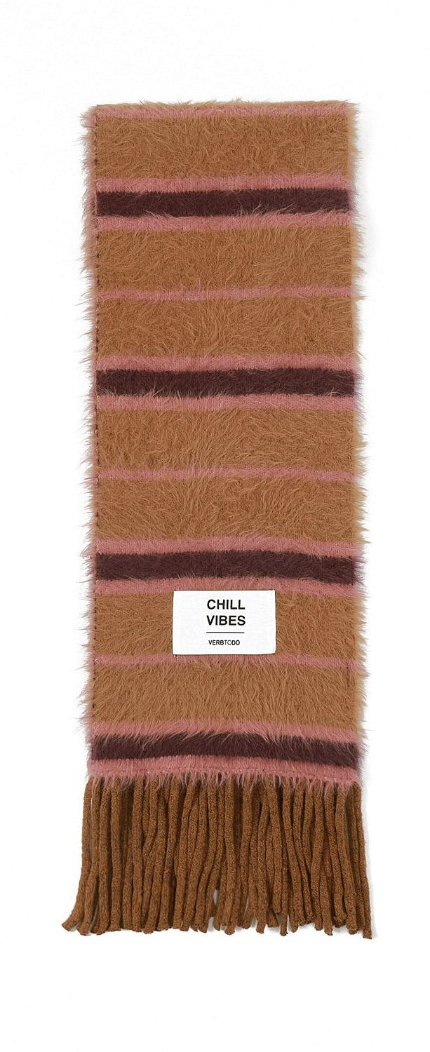 Knitted scarf stripes CHILL VIBES hairy yarn camel and purple