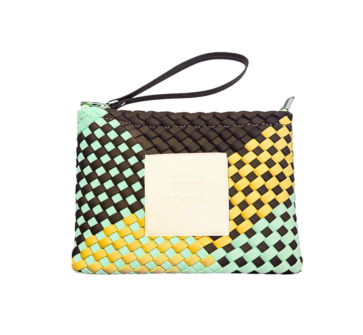 Neoprene CLUTCH BAG 'RISE UP' multicolour light blue&dark brown&yellow