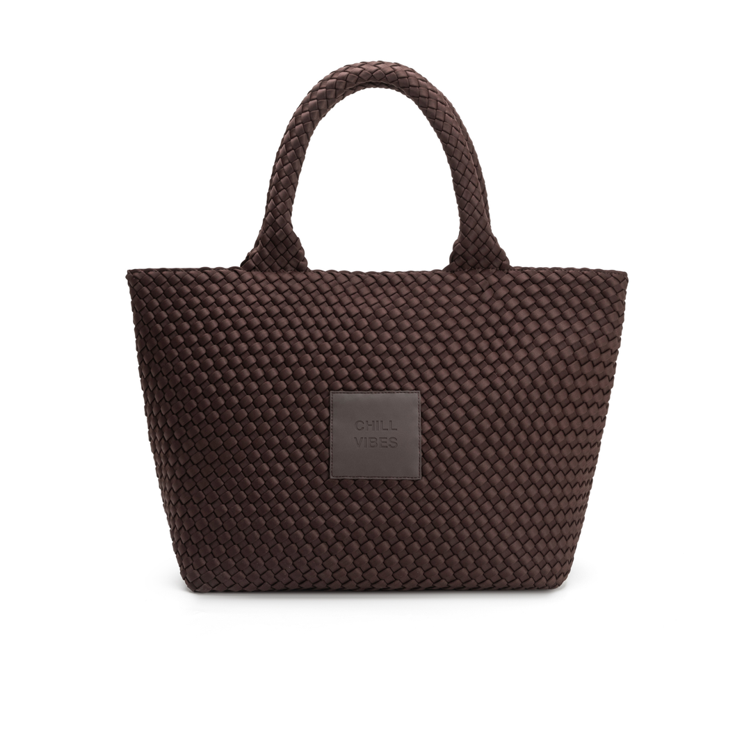 Borsa grande in neoprene 'CHILL VIBES' tinta unita - marrone scuro