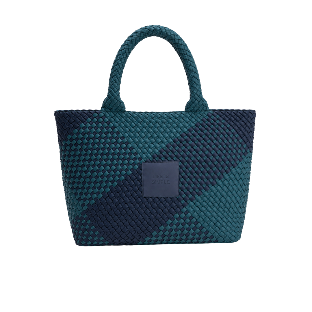 Borsa grande in neoprene 'LIFE IS SIMPLE' bicolore verde bottiglia e blu navy