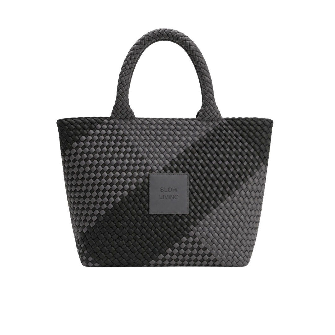 Borsa grande in neoprene 'SLOW LIVING' bicolore grigio e nero