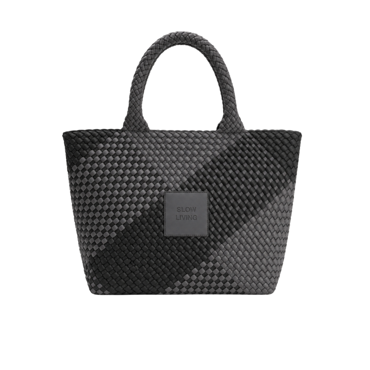 Borsa grande in neoprene 'SLOW LIVING' bicolore grigio e nero