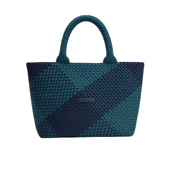 Borsa grande in neoprene 'LIFE IS SIMPLE' bicolore verde bottiglia e blu navy