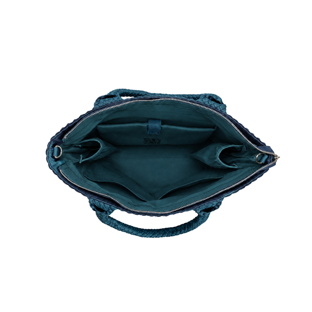 Borsa grande in neoprene 'LIFE IS SIMPLE' bicolore verde bottiglia e blu navy