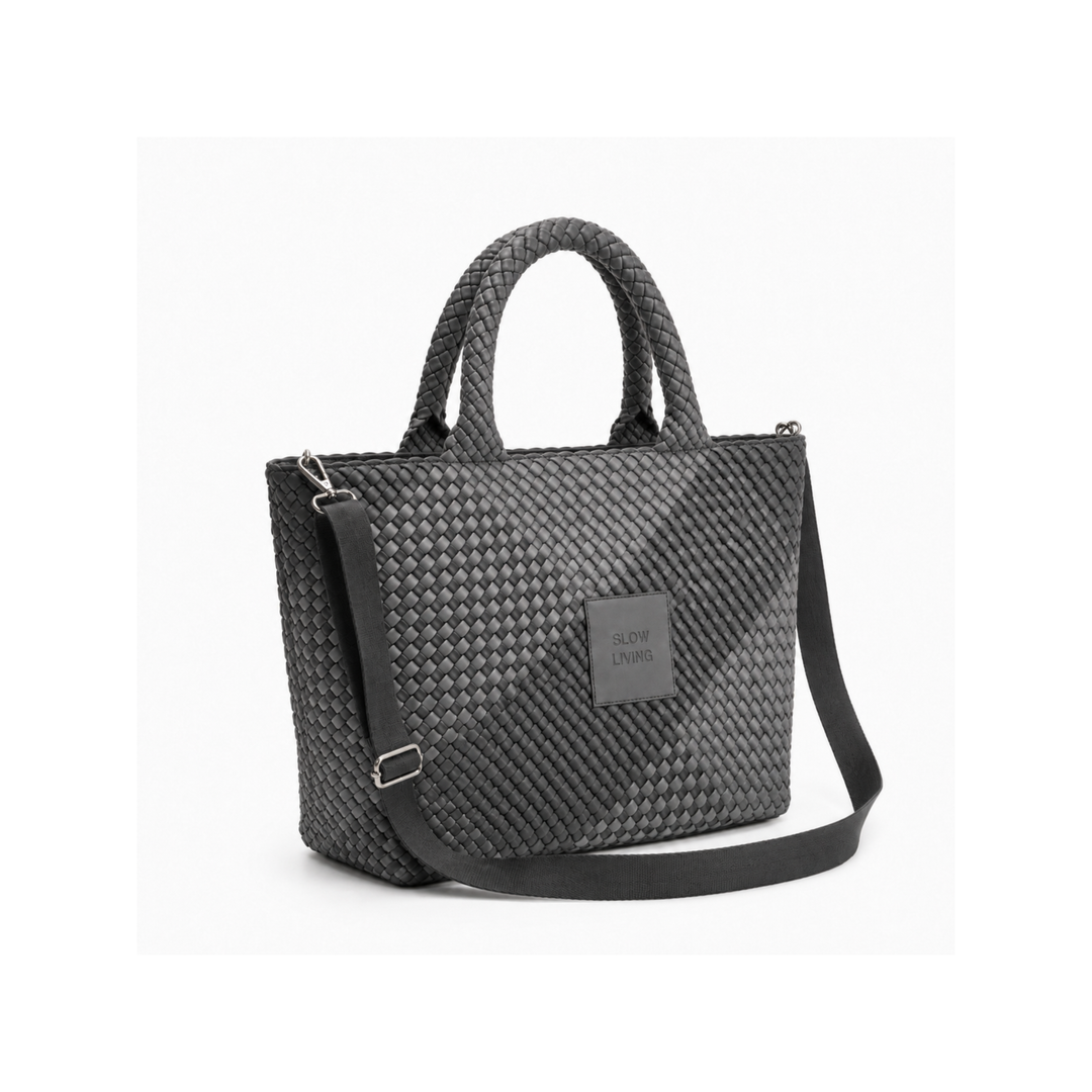 Borsa grande in neoprene 'SLOW LIVING' bicolore grigio e nero