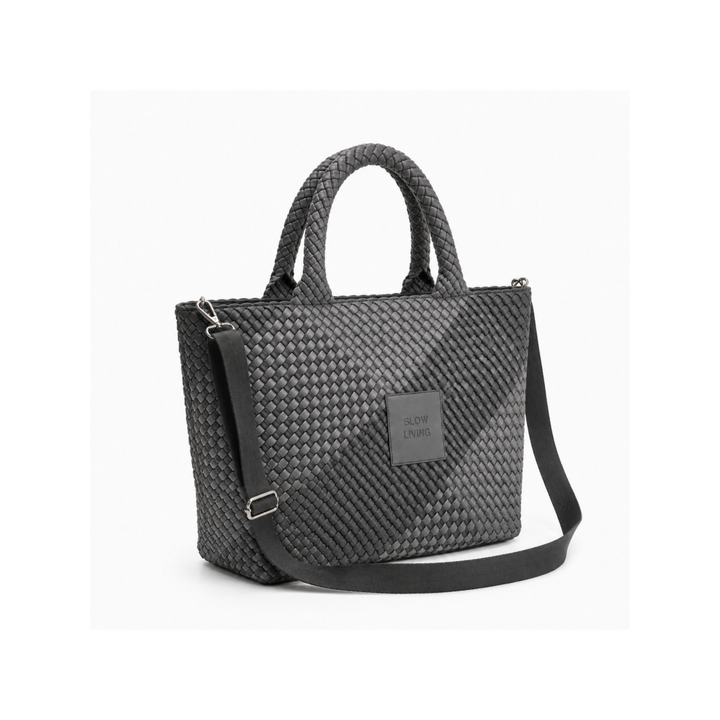 Borsa grande in neoprene 'SLOW LIVING' bicolore grigio e nero