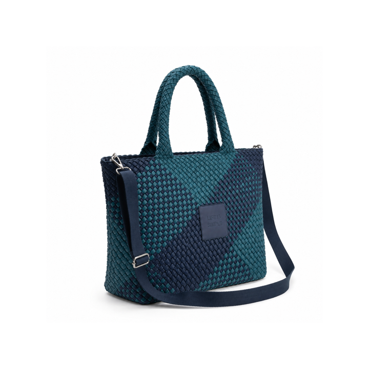 Borsa grande in neoprene 'LIFE IS SIMPLE' bicolore verde bottiglia e blu navy
