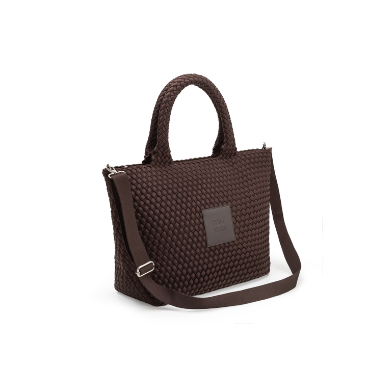 Borsa grande in neoprene 'CHILL VIBES' tinta unita - marrone scuro