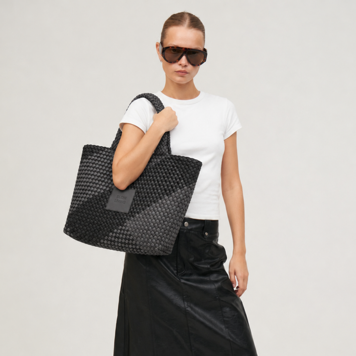 Borsa grande in neoprene 'SLOW LIVING' bicolore grigio e nero