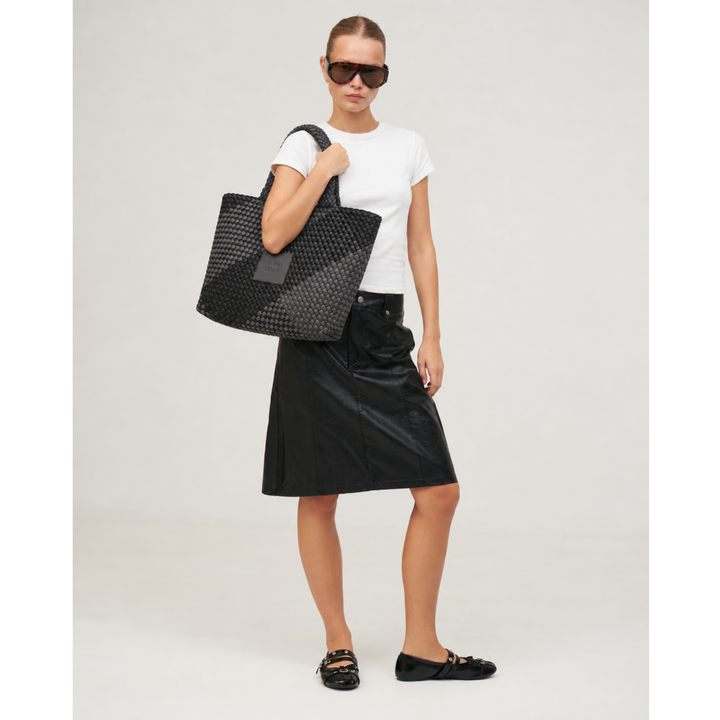 Borsa grande in neoprene 'SLOW LIVING' bicolore grigio e nero
