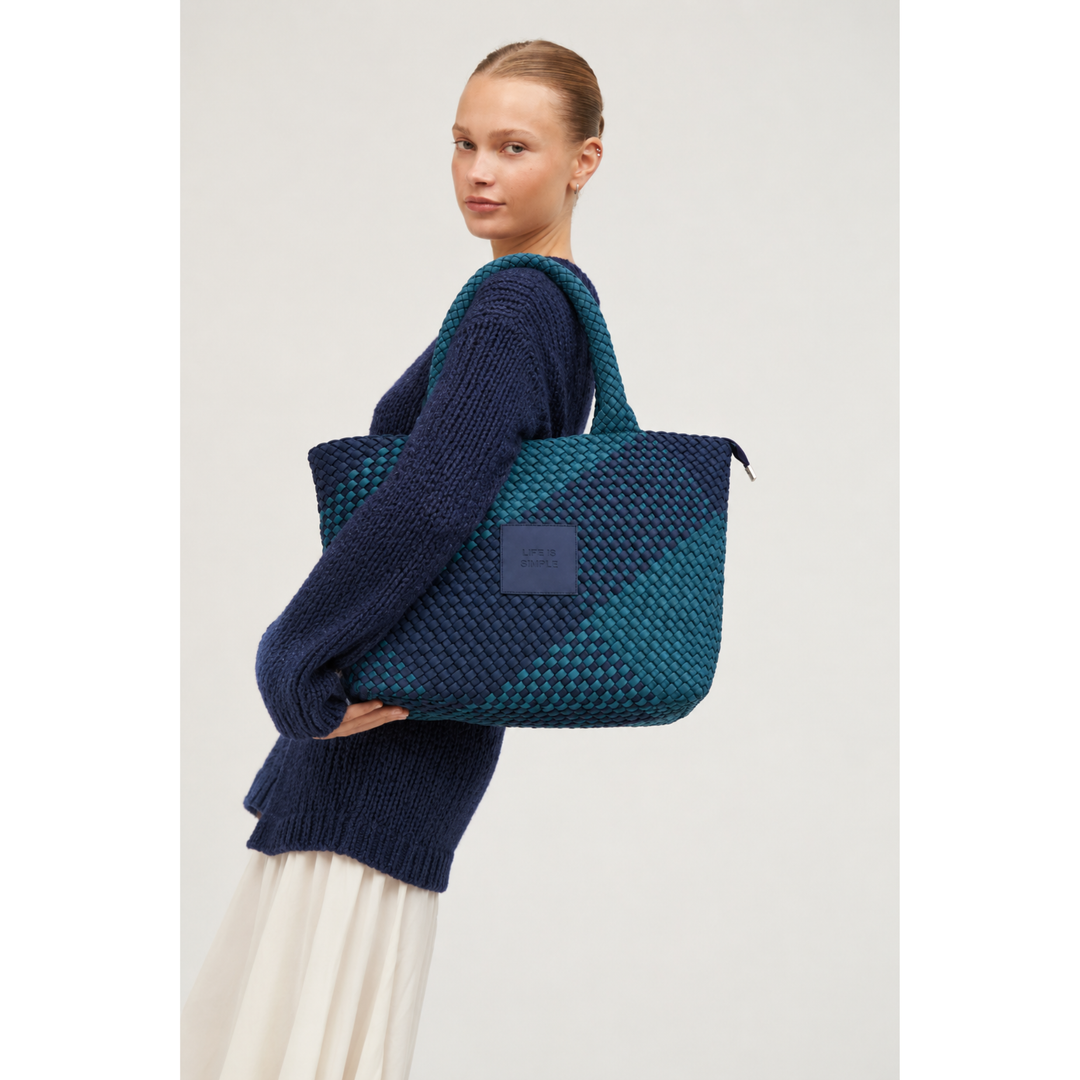 Borsa grande in neoprene 'LIFE IS SIMPLE' bicolore verde bottiglia e blu navy
