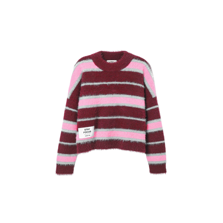 MAGLIA A RIGHE BOXY 'STAY FOCUS' bordeaux e rosa