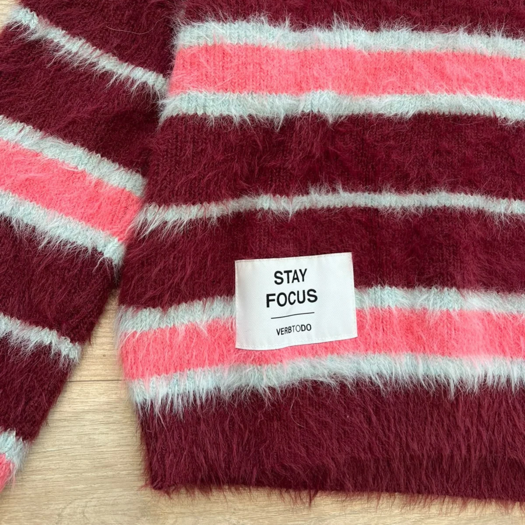 MAGLIA A RIGHE BOXY 'STAY FOCUS' bordeaux e rosa