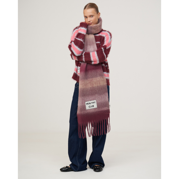MAGLIA A RIGHE BOXY 'STAY FOCUS' bordeaux e rosa