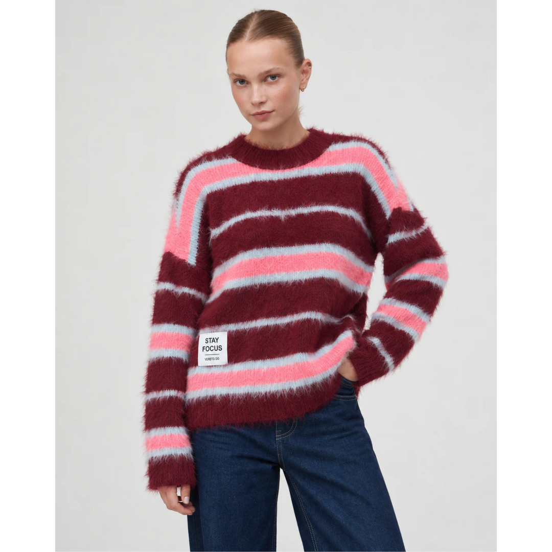 MAGLIA A RIGHE BOXY 'STAY FOCUS' bordeaux e rosa
